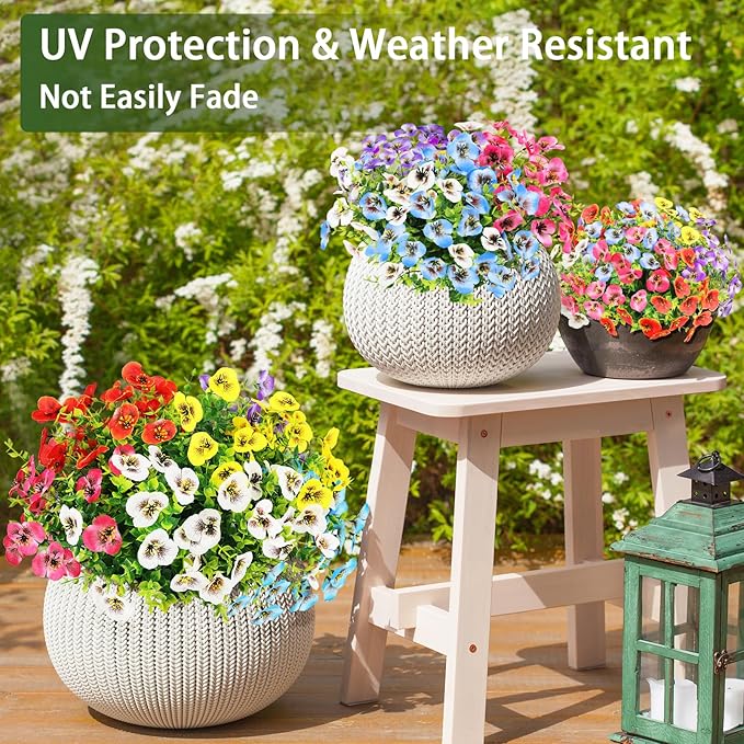 MACTING 24 Bundles Artificial Spring Flowers for Outdoors Faux Outdoor Pansy Plants UV Resistant Fake Silk Pansies for Outside Planter Front Door Porch Yard Patio Garden Home Decorations(Mix Color)