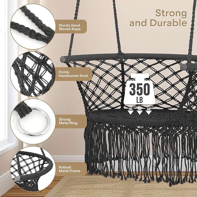 Athena Collection Hammock Swing Chair with Cushion, Outdoor Macrame Chair with Mounting Hardware, Max 350 Lbs, Large Cotton Rope Hanging Chair for Outdoor Indoor Porch Garden, Black