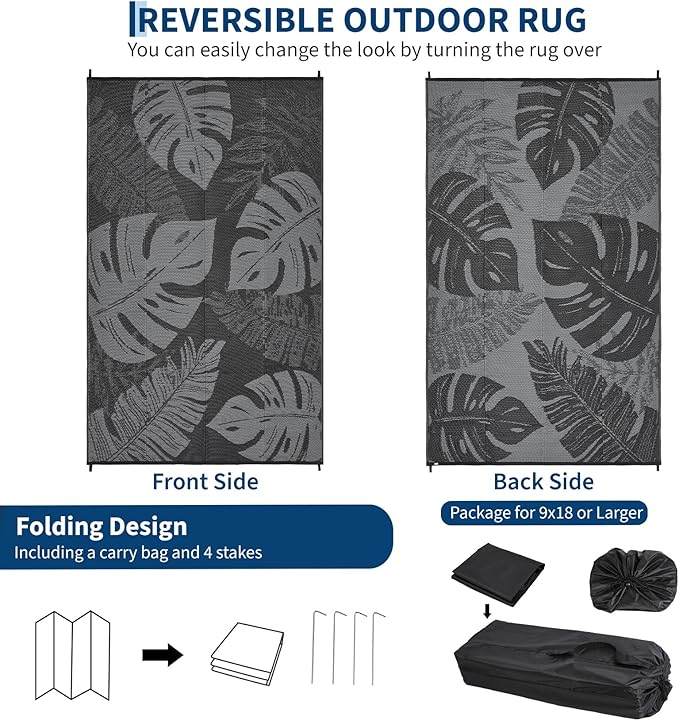 COZYLOOM Large Outdoor Rug 9x18 Waterproof Plastic Straw Rug for Patio, Reversible Modern Camping Mat with Portable Bag & Stakes, Foldable & UV Resistant, Outdoor Carpet for Yard Deck, Black&Grey