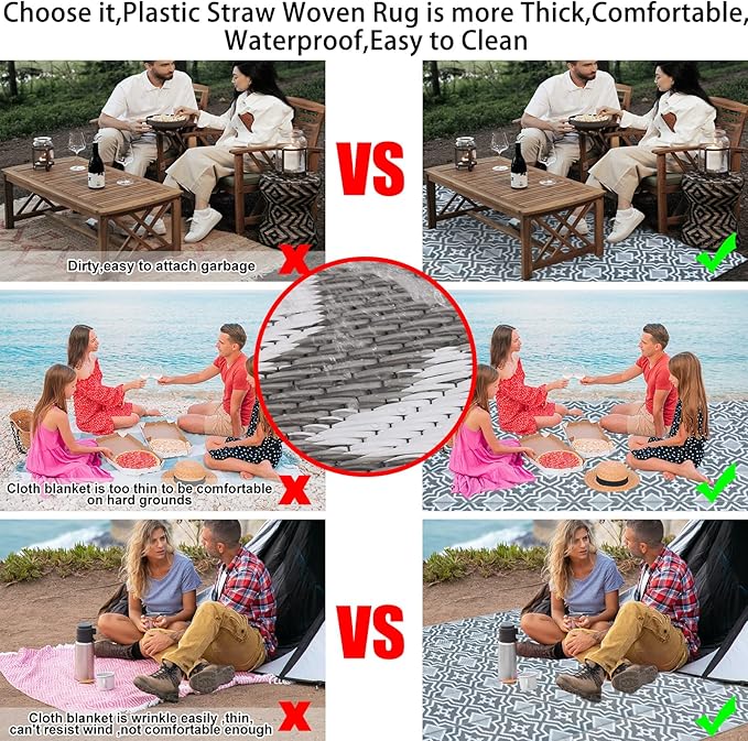 Outdoor Plastic Straw Rug 8x10 Waterproof Outdoor Patio Rug,Porch Balcony Rug,Reversible Rv Camping Floor Mat Outside Mat Camping Gifts(Grey&White, 8'x10')