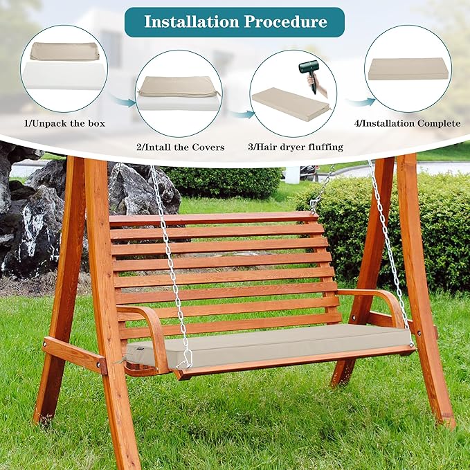 Outdoor Bench Cushion 42 x 18 Inch Thick Waterproof Porch Swing Cushions with Tie Patio Furniture Chair Cushion Bench Pad Color Fastness Backyard Seat Pads, Cream