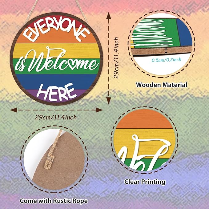HLNIUC Everyone is Welcome Here Wood Sign 11.4”x11.4” Round Rainbow Hanging Plaque Rustic inspirational Front Door Hanger Muti Color Rainbow Welcome Wall Diversity Decoration for Home