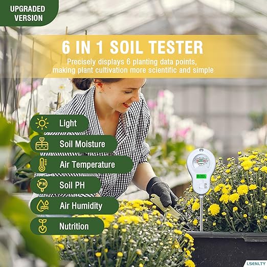 Soil Moisture Meter, 6-in-1 Soil pH Meter, Measures Temperature, Humidity, Light Intensity, nutrients, pH, and Ambient Humidity. Suitable for Horticulture, lawns, and Agriculture