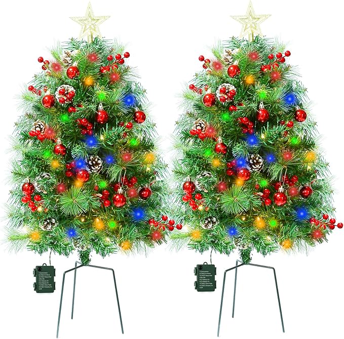 JOYHALO 2 Pack 32 Inch Outdoor Porch Christmas Tree with 50 Lights in Warm White and Multicolor, Prelit Artificial Christmas Tree Urn Filler with PVC&PET Branches for Pathway Entryway Decorations