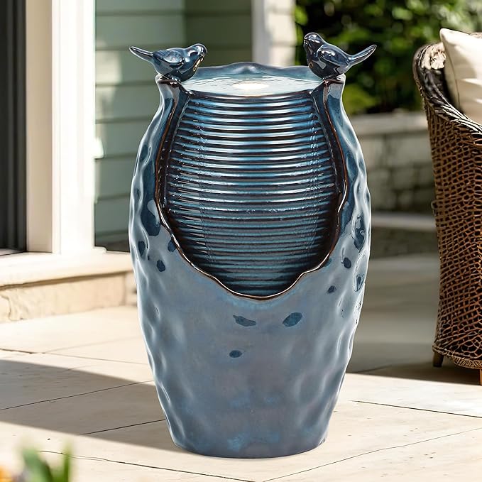 24.8" Ceramic Jar Outdoor Fountain, Honeycomb Pot Water Feature with LED Lights, Soothing Trickling Waterfall for Garden, Patio, Yard, Balcony or Porch Oasis, Turquoise Glaze, KD Vivid Birds