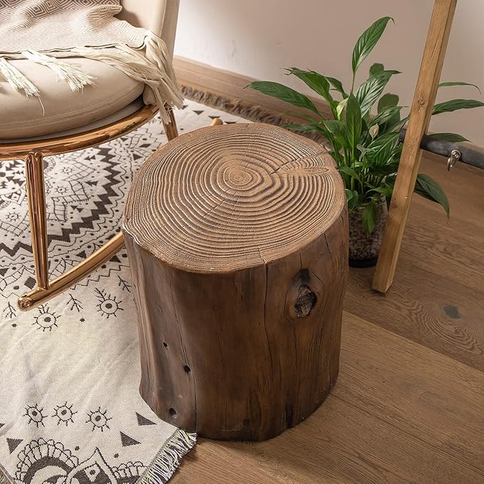 COSIEST 2 Pieses Outdoor Side Table, Hand-Painted Wood Stump Side Table Set of 2, Faux Wood Stool, Ottomans, Plant Stand, Deck or Garden (Black Walnut)