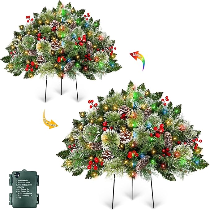8 Modes&Timer -2 Pack 24" Lighted Christmas Tree Outdoor Urn Filler with Warm White & Multi-Color Change Lights Snowy Pinecone Berries Tripod Stake Xmas Trees Planter Filler Christmas Decor Yard Porch
