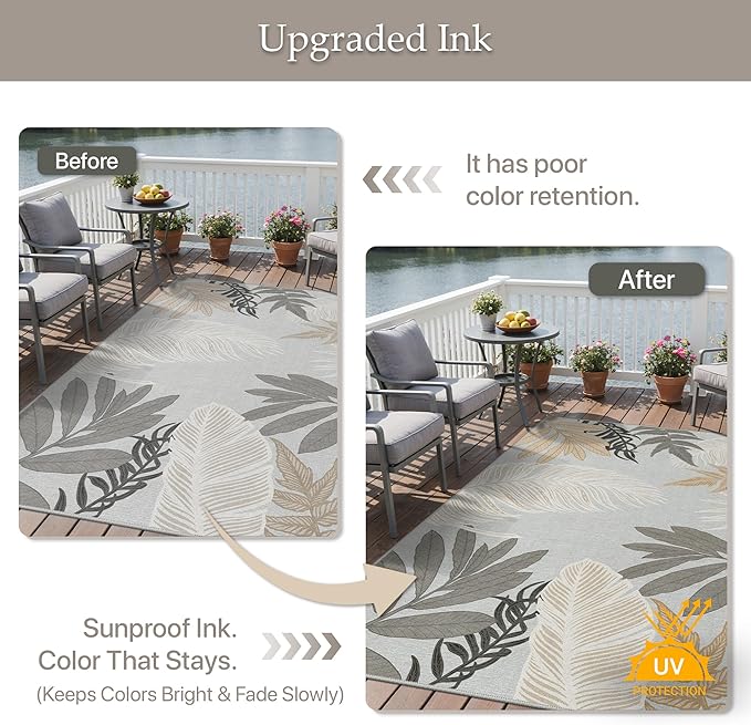 GENIMO Outdoor & Indoor Area Rug 8'x10', Waterproof, Non-Shedding, Easy Cleaning, Leaf Mat for Patio, Living Room, Balcony, Dining Room, RV, Deck, Bedroom, Camping, Outside Carpet, Sand Grey