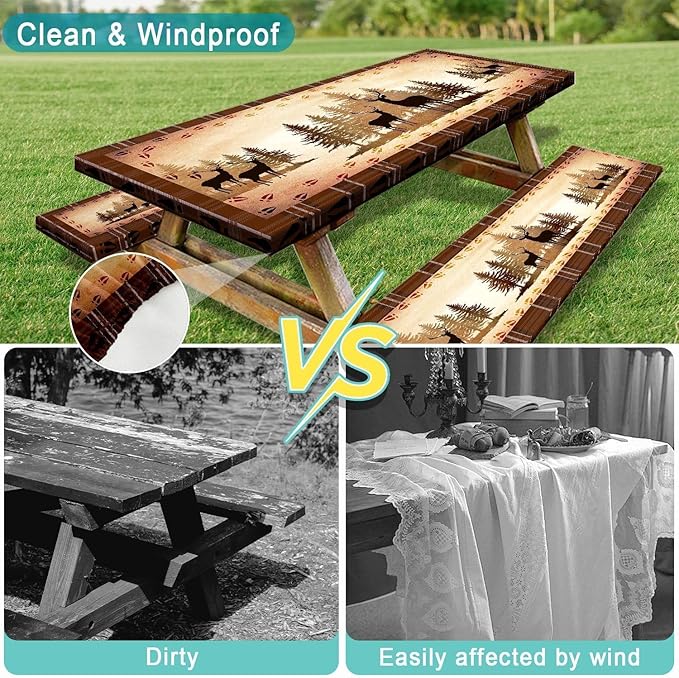 30X72 Inch Brown Deer Picnic Table Cover with Bench Cover and Drawstring Bag, Waterproof Washable Fitted Outdoor Tablecloth Rectangular Elastic Edged for Camping Outdoor Travel, 3 Pieces Set