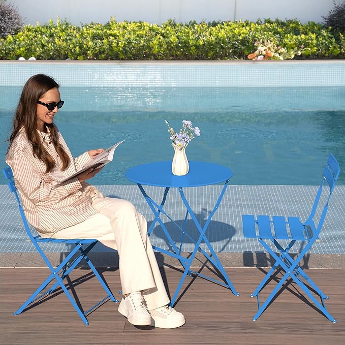 3 Piece Bistro Set, Folding Patio Furniture Set, Outdoor Table and Chairs Set for Patio, Garden, Balcony and Poolside, Blue