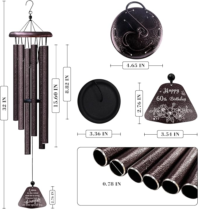 60th Birthday Gifts for Women Men, 60th Birthday Decorations 32” Wind Chimes Outside, 1966/60 Year Old Bday Gift for Women Men