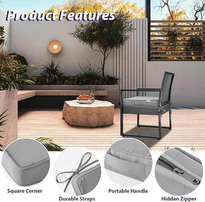 Outdoor Chair Cushions Set of 4 -Waterproof Outdoor Seat Cushions for Patio Furniture, Patio Chair Cushion with Handle and Ties, Square Out Door Chair Pads,18.5" x 16" x 3", Grey