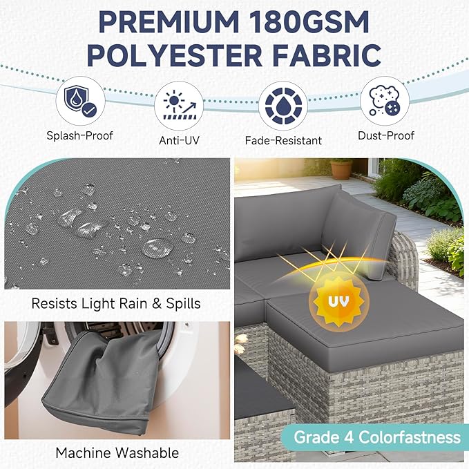 HOMREST Outdoor Replacement Cushions for Patio Furniture,Water-Repellent Sofa Cushion for 4-Seat Rattan Wicker Sectional Patio Conversation Sets,9-Piece Cushions Set for Outdoor Couch,Gray