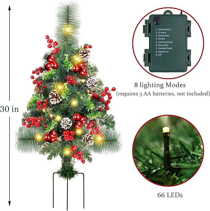 Set of 2 Pathway Christmas Tree Urn Filler, Lighted Artificial Mini Xmas Trees with Lights, Outdoor Christmas Decorations for Porch, Driveway, Yard (5 Pine Cones)