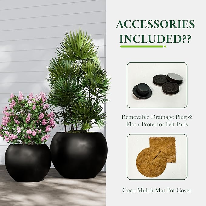 DTY Mount Sherman 21.1'' D x 16.7'' H (Pot Opening 14.6") Fiberstone Round Planter with Drainage Hole, Smooth Finishes, Weather Resistant for Indoor and Outdoor, 2 Extra Coco Mats - Black, Large