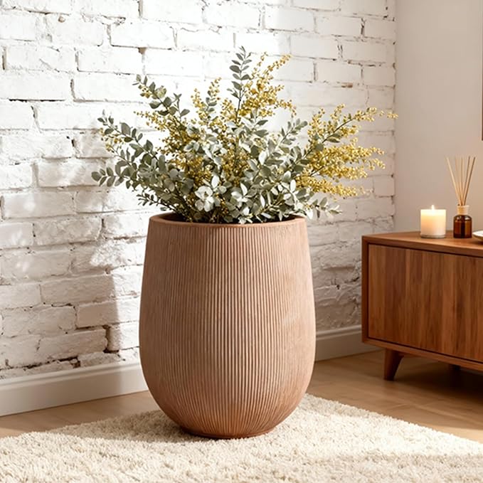 Planters for Indoor Plants, 18.7 inch Large Plant Pots for Indoor & Outdoor Use, Magnesium Oxide Ribbed Round Planter with Drainage Hole and Rubber Plug, Garden Decorative