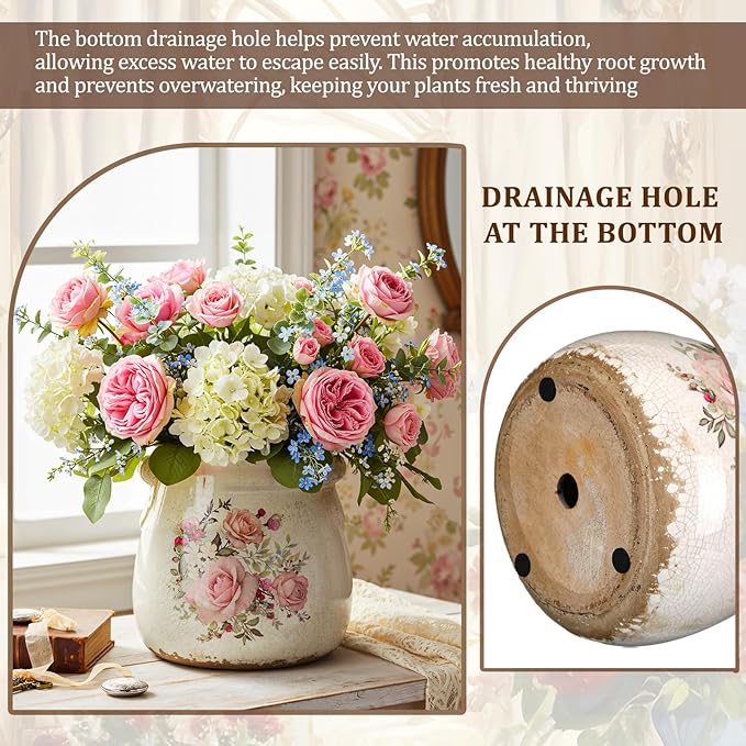 Ceramic Scroll Planter 6.5 Inch Chinoiserie Floral Vase with Drainage Holes Vintage Flower Vase Flower Pot Rustic Ceramic Pots for Indoor Plants Garden Home Bookshelf Decor(Ink Color)