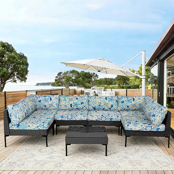 Patio Furniture Cushions,14Pieces Water-Resistant Outdoor Replacement Cushions,Sectional Sofa Cushions for Fits 6-Seats Rattan Wicker Patio Conversation Sets(Moroccan Style)