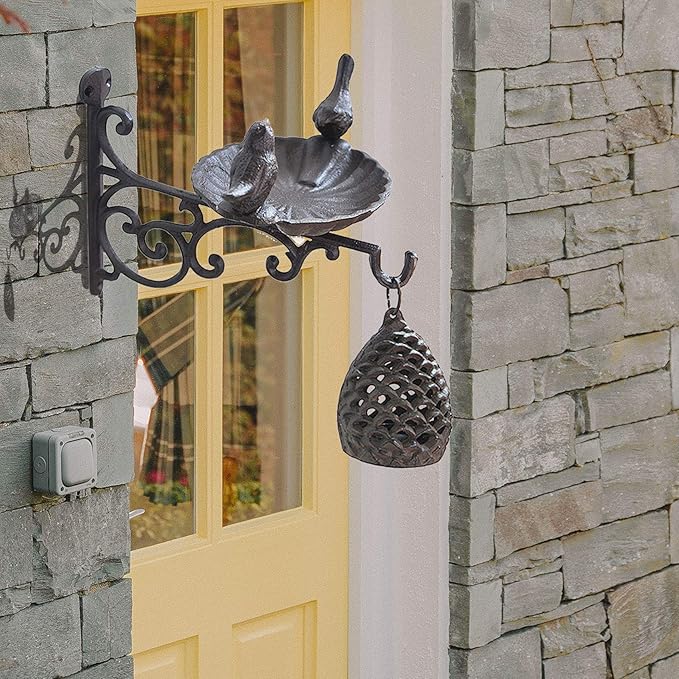 Outdoor Hanging Bracket with Bird Feeder - Cast Iron Hanger Wall Hook for Hanging Planters, Lanterns, Wind Chimes and More Garden Decorative Items, Wall Mounted Mini Bird Bath