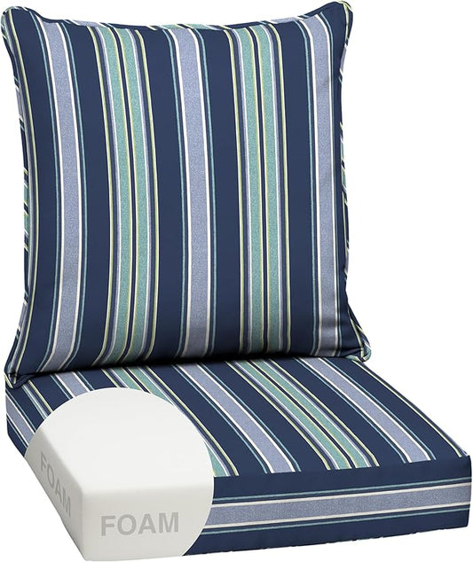 Arden Outdoor Foam Deep Seat Cushion Set, 24 in x 24 in, Weather-Proof, Rain-Proof, Fade Resistant Patio Cushion, Bottom and Back Cushion for Chair, Sofa, and Couch Sapphire Aurora Blue Stripe
