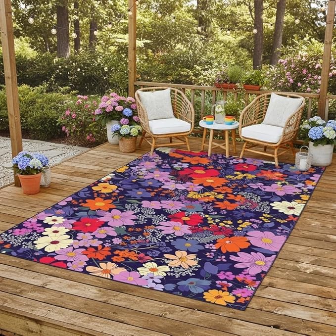 Waterproof Floral Outdoor Area Rug 5x7 Vibrant Purple Red Orange Flowers Texture Outdoor Rug for Patio Balcony Deck Garden Camping Stain Resistant Waterproof Porch Backyard Thin Outside Carpet Mat