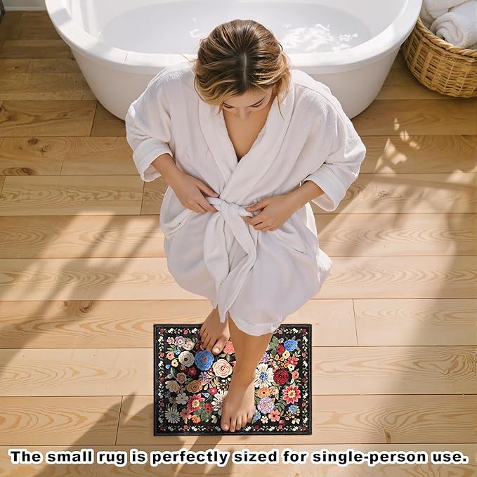 Black Area rugs 24x17 Inch Home Decor Entry Rug, Small Door Mat Bath Mats for Bathroom, Ultra-Thin Non Slip Floral Low Pile Tub Mat for Sink Shower Doorway Tub Kitchen Sink(2 x 1.4 ft, Black Garden)
