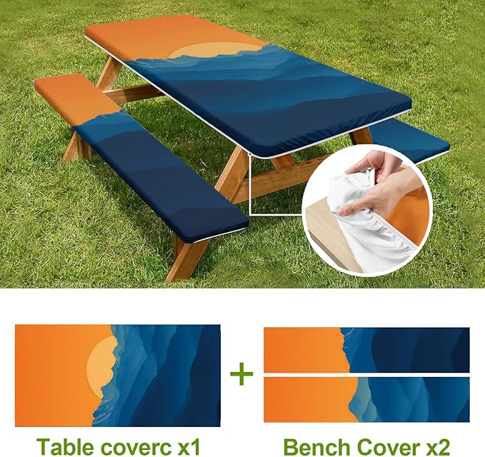 Picnic Table Cover with Bench Covers Set of 3 - Scenic Landscape Mountain Sunset Tablecloth, Elastic Fitted for 6 Ft Tables, Washable Polyester Cover for Camping, Indoor & Outdoor