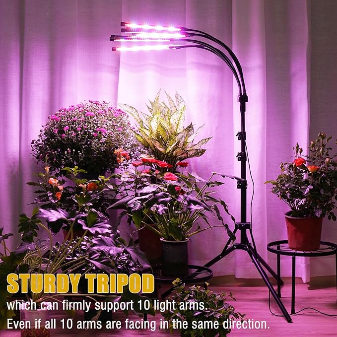 Grow Lights for Indoor Plants [ 10 in1 ], Full Spectrum Grow Light with Tripod Stand, Auto On/Off Timing 4/8/12H, Plant Lights for Indoor Growing. (Mix Spectrum 10 Arms)