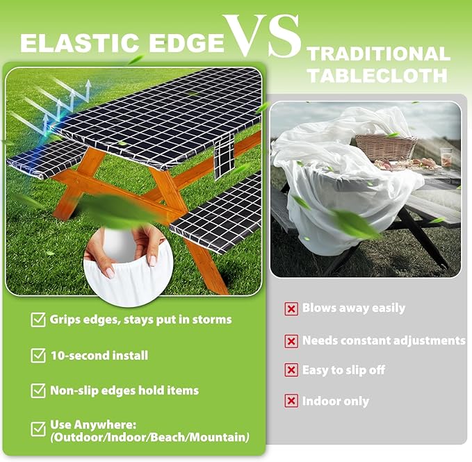 Picnic Table Cover with Bench Covers Vinyl Elastic Edges Fitted Rectangle Seat Tables Waterproof 3-Piece96X30in Set Outdoor Rectangular Folding Backing Tablecloth for Camping Over Size