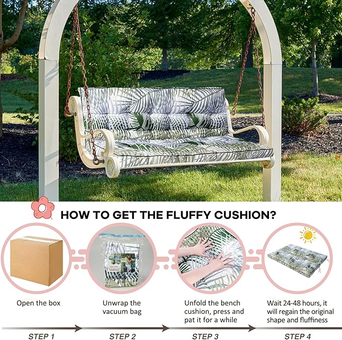 2-3 Seat Swing Replacement Cushion, Outdoor Bench Cushions with Backrest Thicken 4", Patio Furniture Garden Porch Loveseat Glider Pad Anti-Fading Waterproof (Green Leaves, 40x63in-thicken)