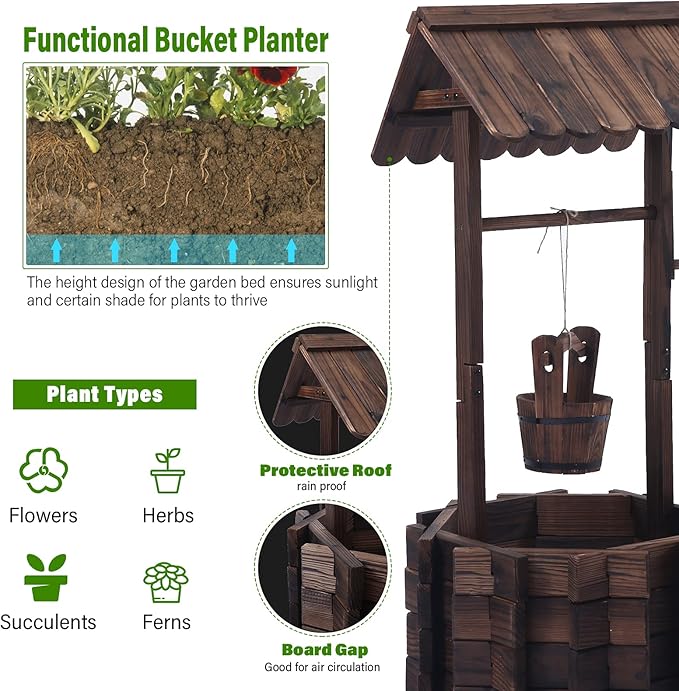 Garden Wooden Decor Rustic Wishing Well Planter Outdoor Home Décor for Patio, Upgrade Wishing Well Garden, Yard Hanging Bucket Patio Lawn Backyard Home Decor