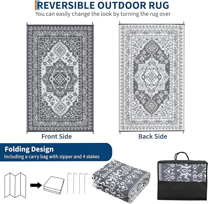 COZYLOOM 8x10 Outdoor Rug Waterproof Reversible Plastic Straw Mat, Large Vintage Medallion Patio Area Rug for Deck, Balcony, Pool, Camping, Beach, Picnic, Indoor/Outdoor Use