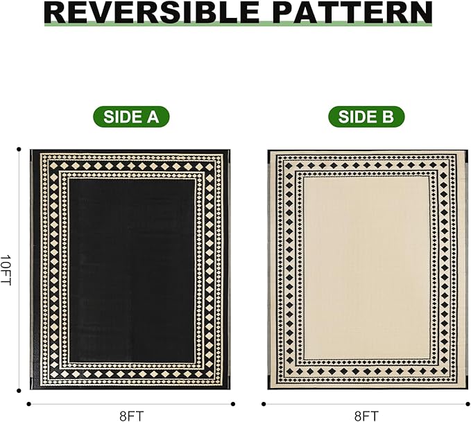 RURALITY Outdoor Rugs 8x10 Waterproof for Patios Clearance,Plastic Straw Mats for Backyard,Porch,Deck,Balcony,Black and Beige