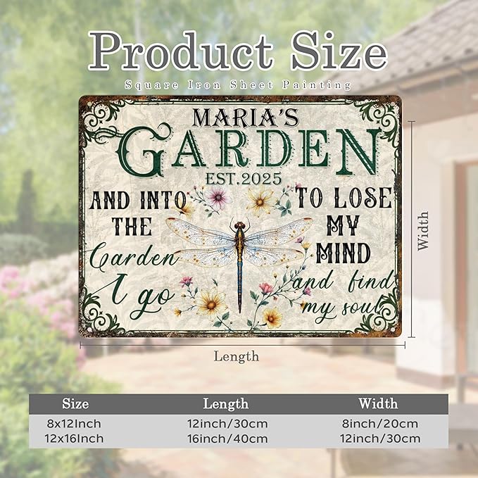Custom Garden Signs Personalized Metal Tin Sign for Women, Retro Funny Dragonfly Metal Sign for Outdoor, Patio, Yard Rustic Home Decor Gift for Mothers Day, Grandmas, and Gardening Lovers