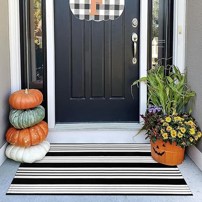 OJIA Black and White Striped Outdoor Rug 24''x51'' Washable Front Door Mat Outdoor Entry Rug Doormat Outside Door Mat Cotton Woven Indoor Area Rugs for Porch/Entryway/Entrance Decor