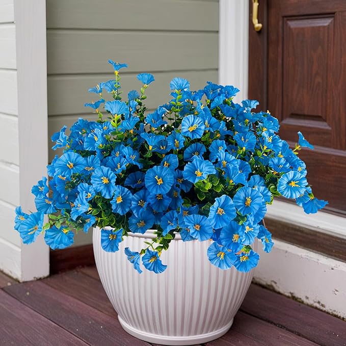 Christmas Artificial Mums 12 Bundles Blue Bulk Fake Flowers Faux Planters Real Touch Stems for Outdoors Fall Silk Flower UV Resistant Urn Filler Front Porch Thanksgiving Decorations for Home Garden