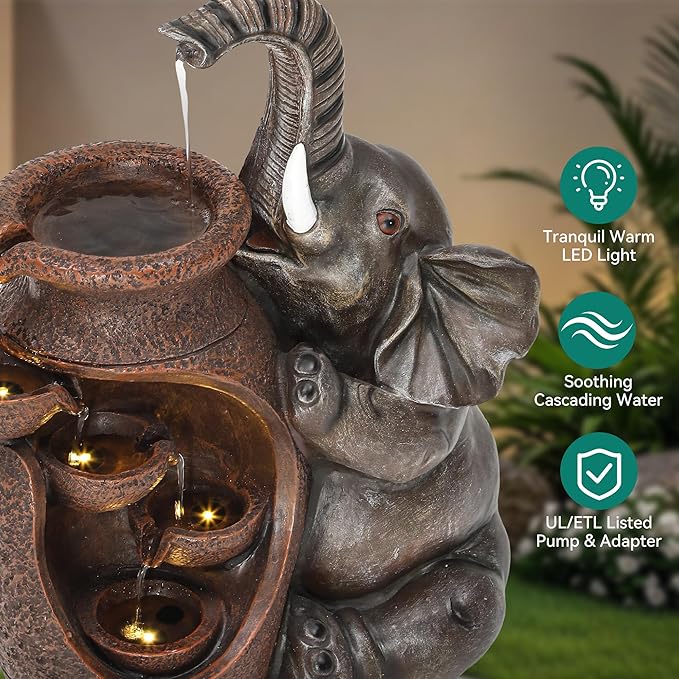19" H Elephant Outdoor Water Fountain with LED Lights and Pump, Resin Garden Waterfall Feature for Patio, Porch, Yard