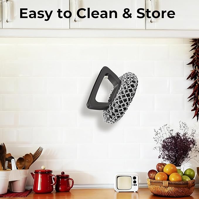 Amagabeli Cast Iron Cleaner with Handle Stainless Steel Chainmail Pan Scrubber for Cast Iron Skillet Cleaner Chain Mail Scrubber Brush Pan Pot Wok Griddles BBQ Grills