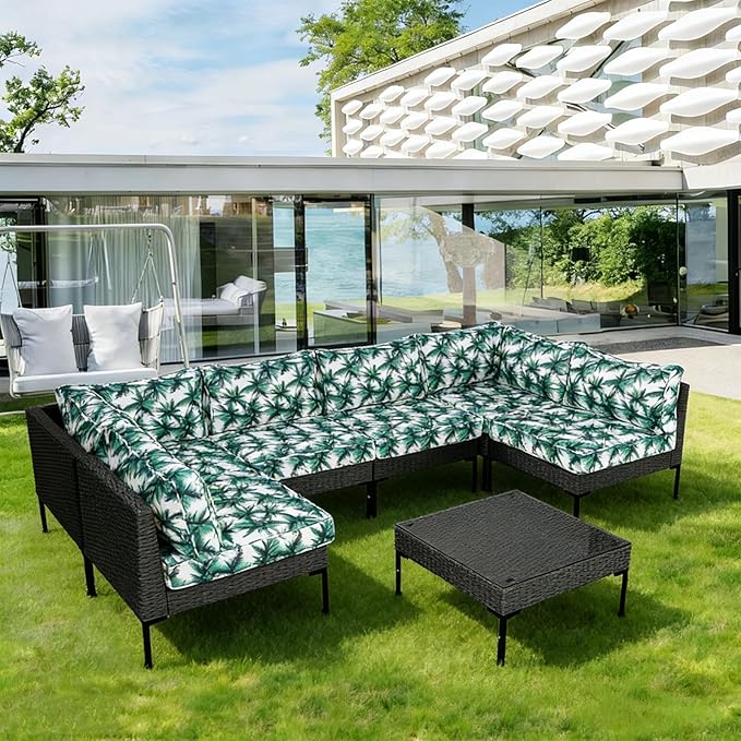 Patio Furniture Cushions,14Pieces Water-Resistant Outdoor Replacement Cushions,Sectional Sofa Cushions for Fits 6-Seats Rattan Wicker Patio Conversation Sets(Palm Leaves)