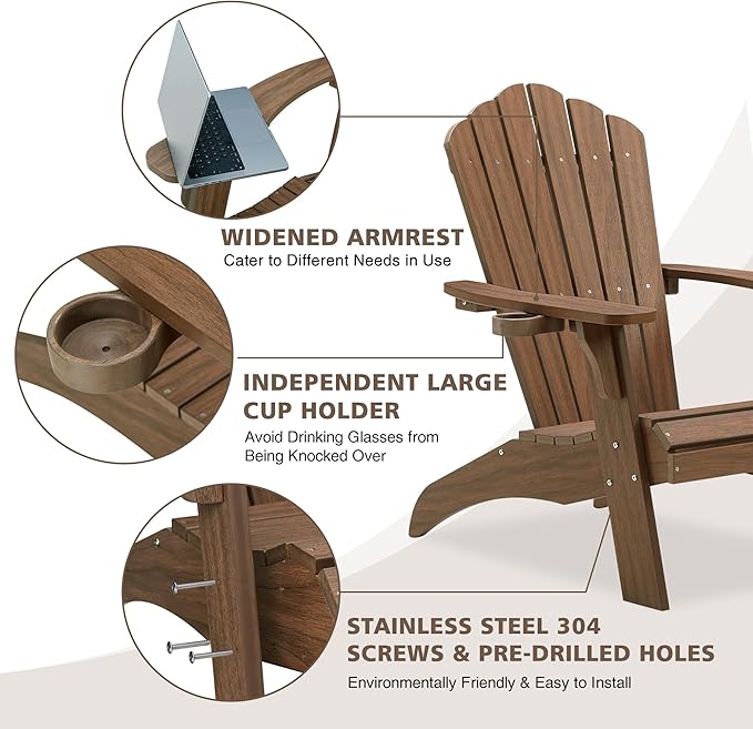 Psilvam Oversized Adirondack Chair, Fade-Resistant & Odor-Free Poly Lumber Fire Pit Chairs with Cup Holder, Weatherproof Lawn Chair, Installs in 15 Min Patio Chair, 350 Lbs Support (2, Light Brown)