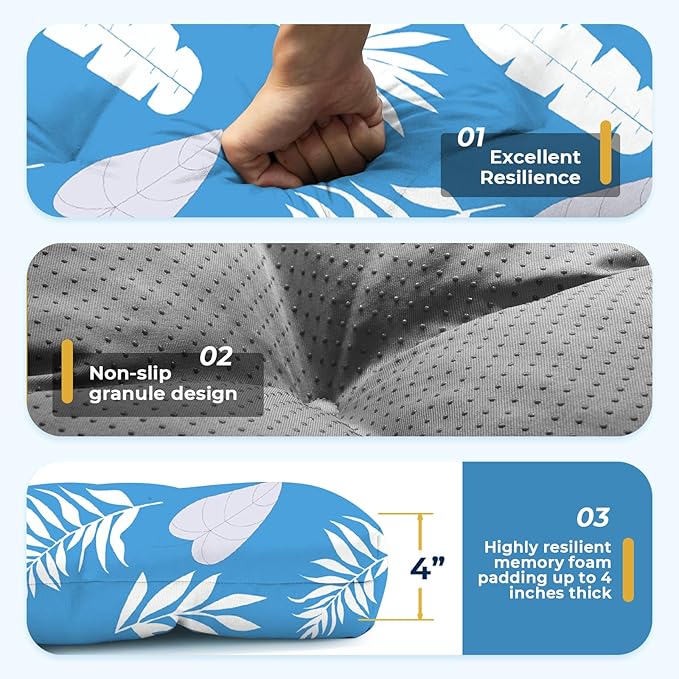 All Weather Chaise Lounge Cushions Outdoor Lounge Chair Cushion, Memory Foam Chaise Lounger Chair Cushion Waterproof for Outdoor Patio Furniture with Non-Slip Back and Ties, Blue Leaf