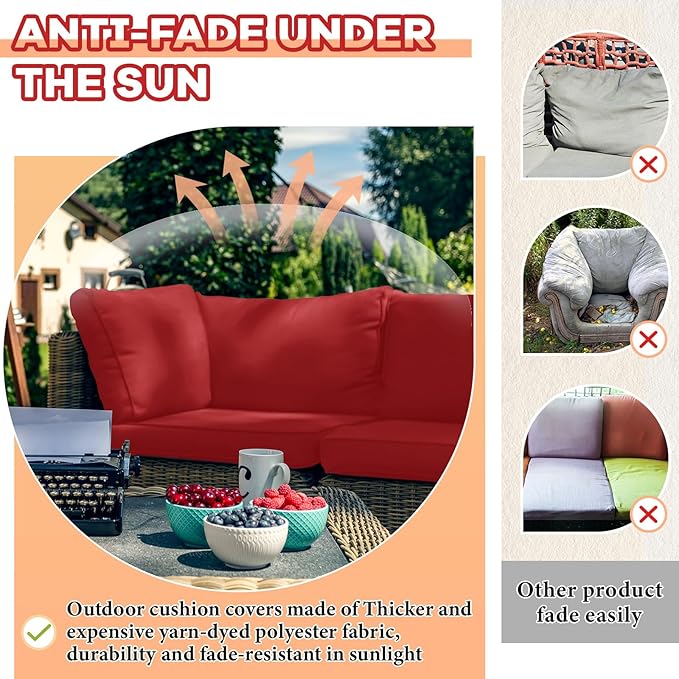 Patelai 14 Piece Outdoor Furniture Replacement Cushions Fits 6 Seat Patio Sectional Cushions Set Waterproof Couch Replacement Sofa Liner Cover for Porch Garden Balcony(Red)