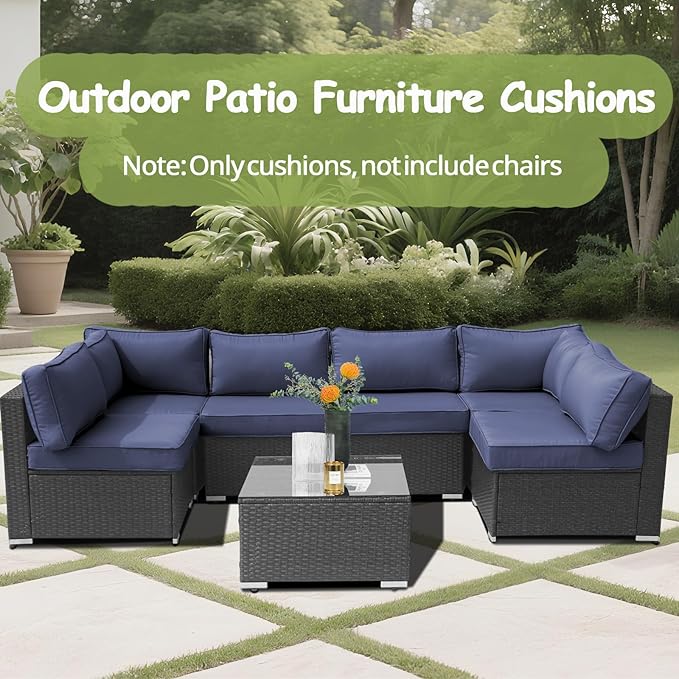 14Piece Outdoor Sofa Cushion Replacement, Patio Furniture Waterproof Cushion with Zippers, fit 6-Seat Outdoor Wicker Rattan Sectional Couch (Dark Blue, 25.6"x25.6"x3.9")