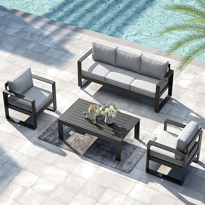 LayinSun Outdoor Patio Aluminum Sofa, Metal Modern 3-Seat Couch with Washable Thick Cushions