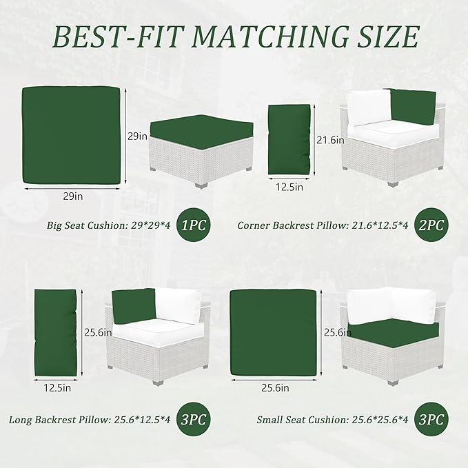 Outdoor Cushions for Patio Furniture with 5 Pillows, Waterproof Patio Furniture Cushions Replacement, 4" Deep Seat Outdoor Sectional Cushions for 4-seat Patio Furniture Chair Sofa Couch,Green
