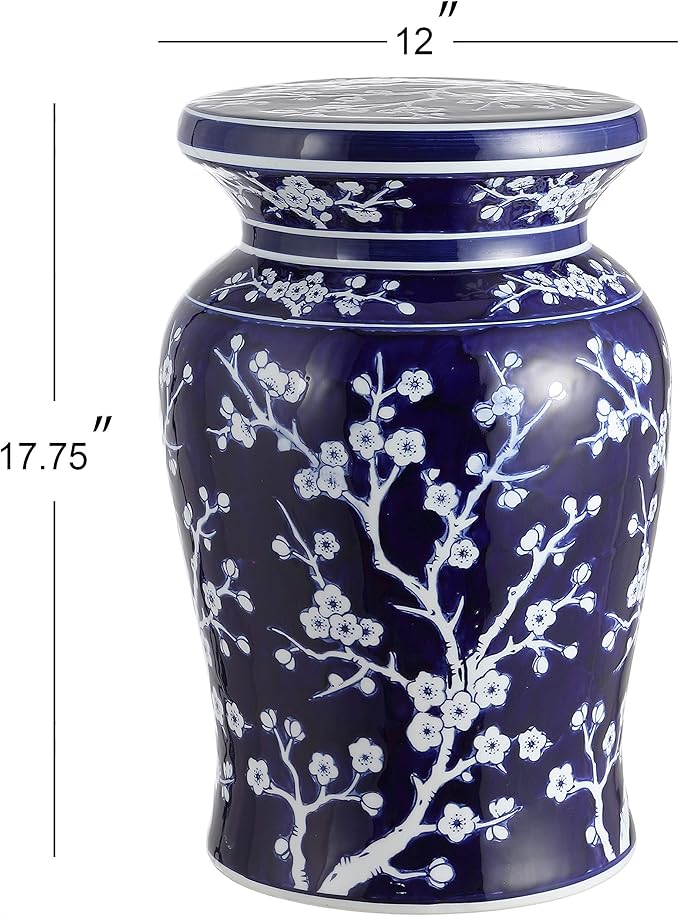 JONATHAN Y TBL1017A Cherry Blossom 17.7" Ceramic Indoor/Outdoor Garden Stool, Coastal, Contemporary, Transitional, Side Table, Plant Stand, Spill-Proof, Living Room, Garden Room, Patio, Navy/White