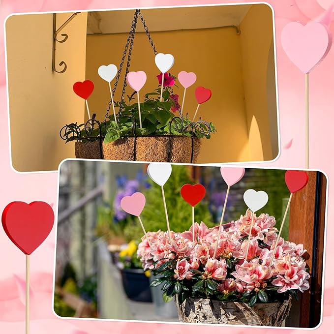 6 Pcs Wooden Valentine's Day Heart Garden Stakes Yard Decoration Heart Planter Stakes Sign Outdoor Decor Stick Lawn Garden Home Yard Decor for Valentine's Anniversary Wedding