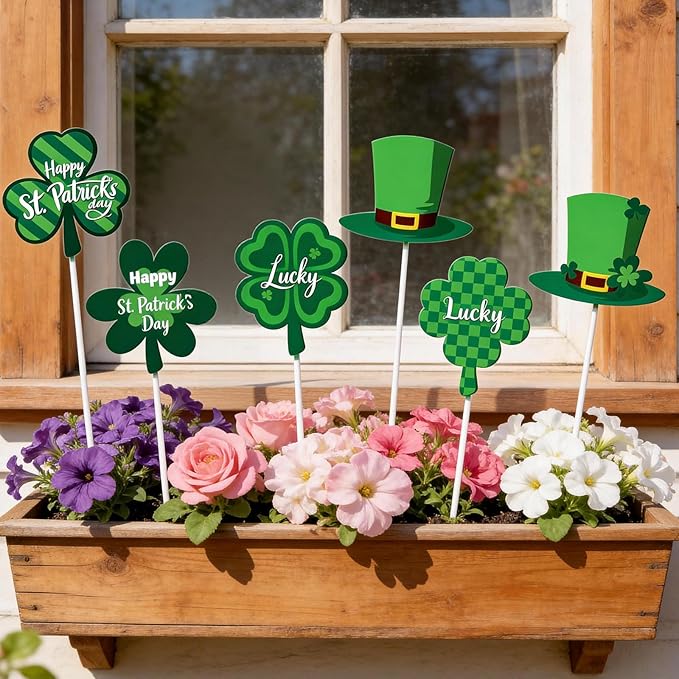 6 Pcs St. Patrick's Day Outdoor Decorations, Metal Shamrock Decorative Garden Stakes Yard Signs Perfect for Garden Lawns, Porches, Potted Plants and St. Patrick's Day Party Decor