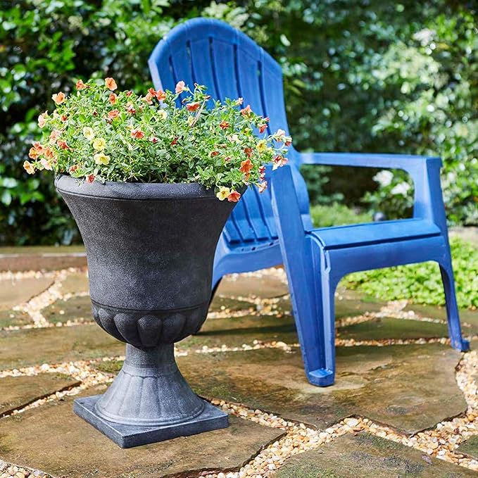 Southern Patio Winston 16 Inch x 21 Inch Urn Plastic Decorative Outdoor Planter Pot for Porch, Patio, or Garden with Removable Base, Matte Black