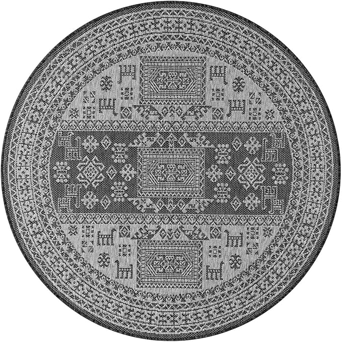 Keen Home Design Terrace Outdoor Area Rug - 63" Round Washable Indoor/Outdoor Rug for Patio, Kitchen, Balcony, Beach, Garden, Deck and Porch, Size: 5'3" Round, Force Black